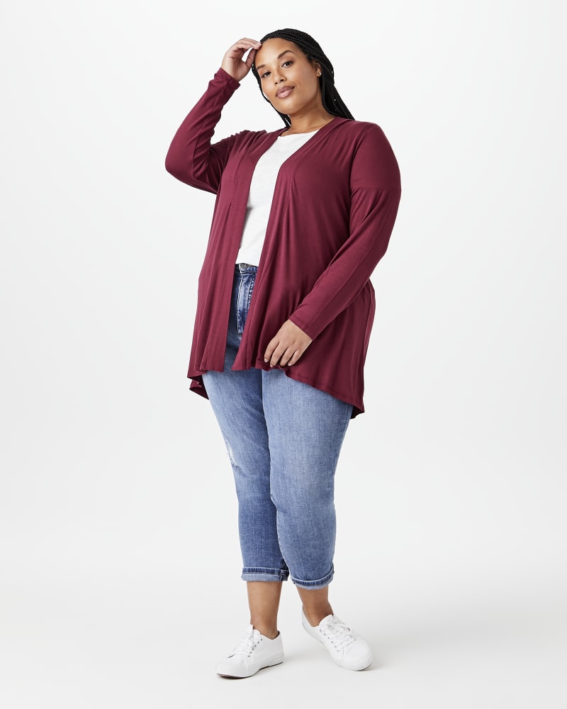 Plus size model with hourglass body shape wearing Quincy Split-Back Cardigan by Meera Lane | Dia&Co | dia_product_style_image_id:144463